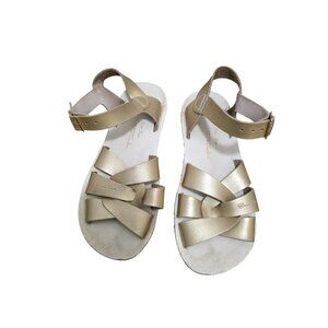 Sun San Swimmer Girls Gold Leather Sandals Adjustable Straps & Bow Detailing Siz
